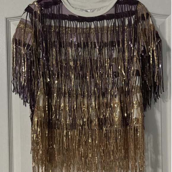 QUEEN OF SPARKLES PINATA SEQUIN SLEEVE PURPLE AND GOLD SHIRT XS NWT ECU / LSU - Picture 10 of 10